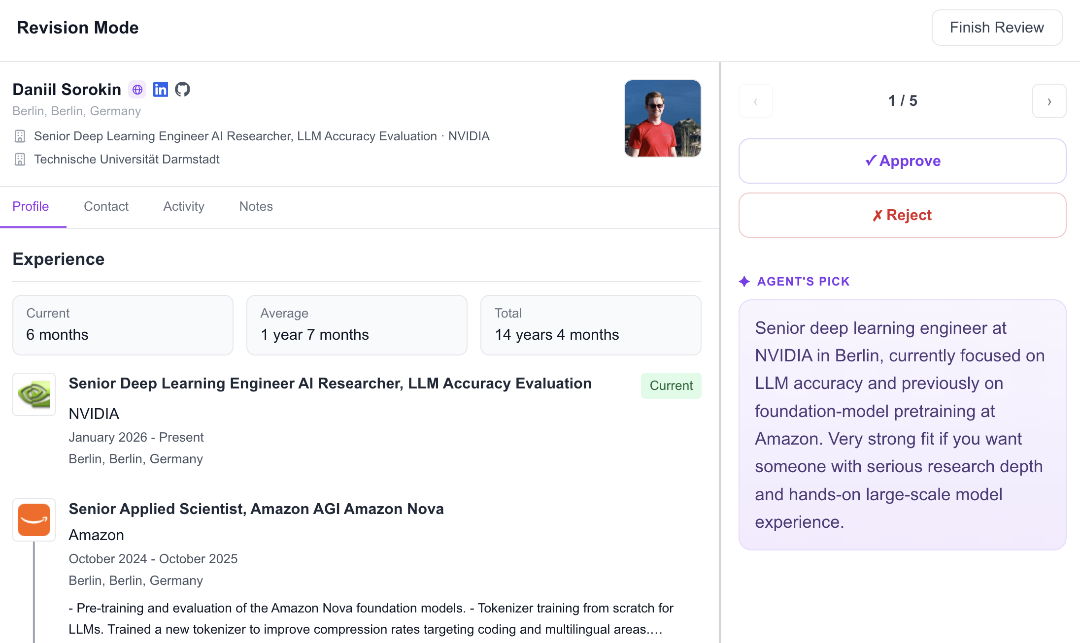 Revision Mode with the candidate profile and the Agent's Pick panel