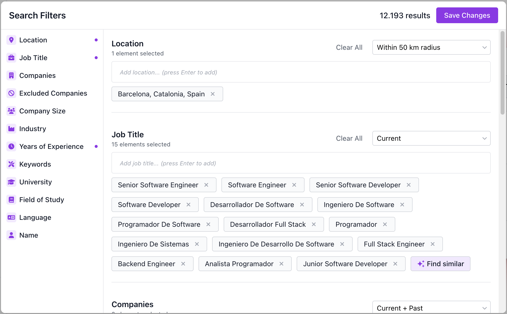 Search Filters panel