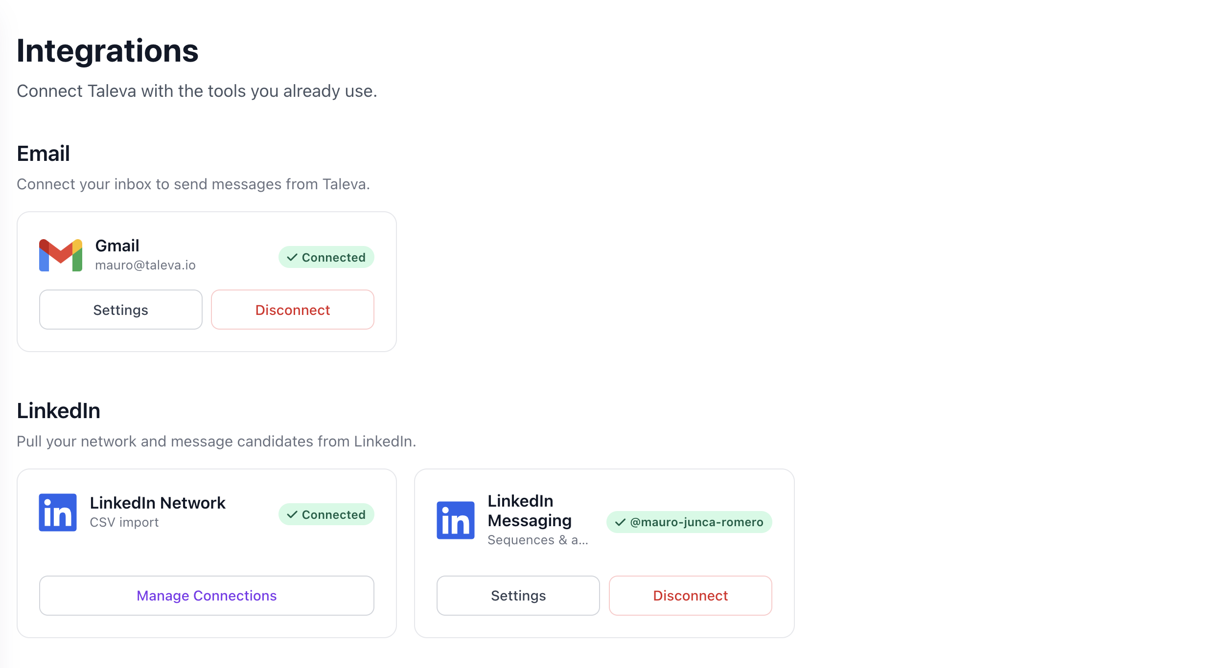 LinkedIn Messaging and LinkedIn Network cards in Settings, Integrations