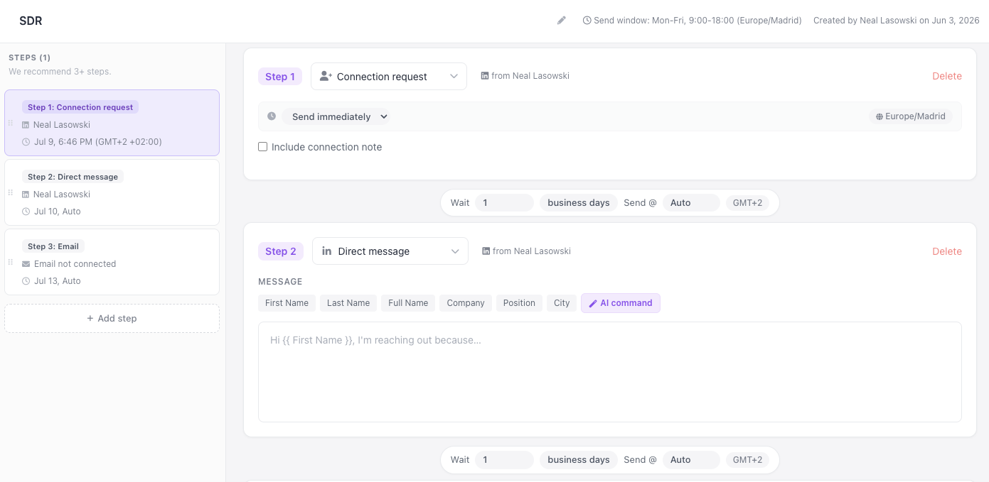 Sequence builder showing steps, wait blocks, and the step summary panel