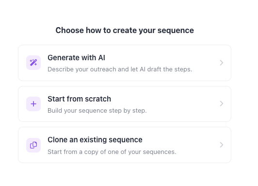 Choose how to create your sequence: Generate with AI, Start from scratch, or Clone an existing sequence