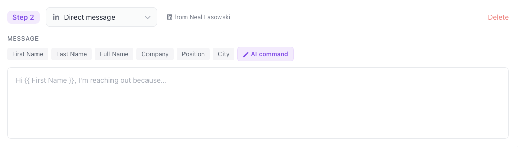 Message editor with personalization tokens and the AI command button