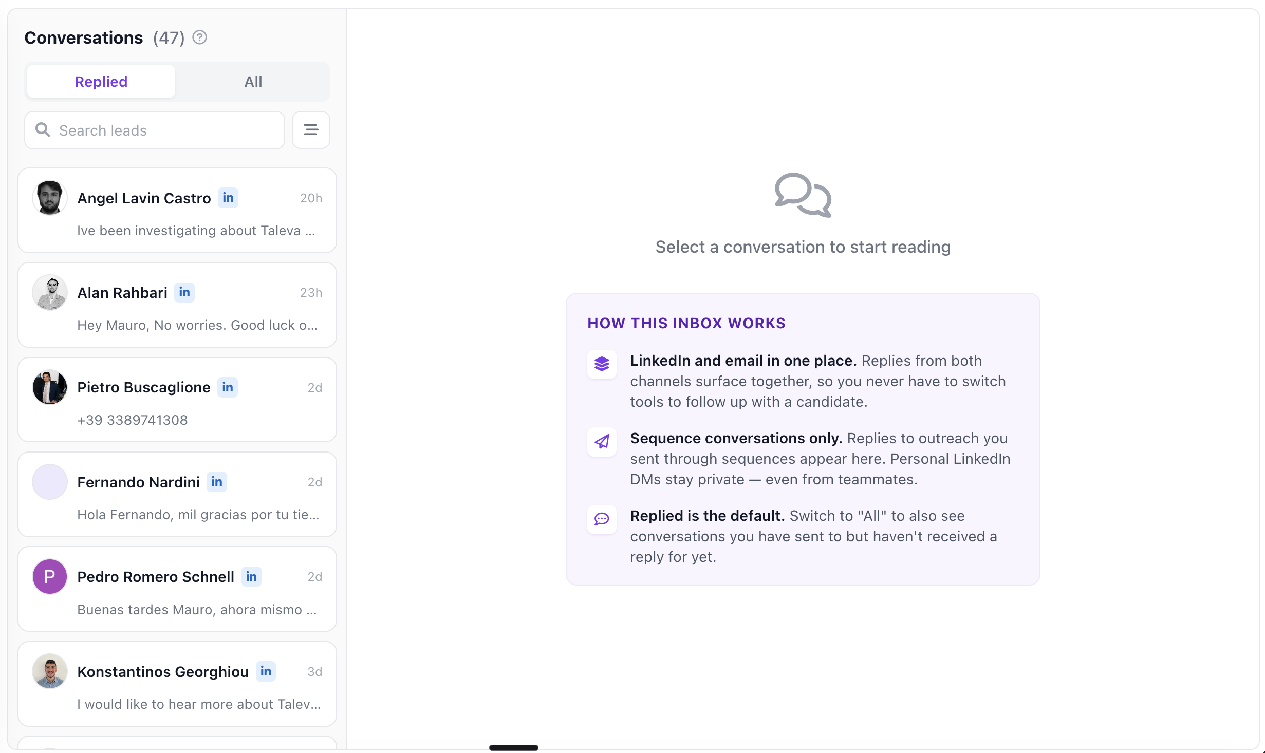 Inbox with candidate replies