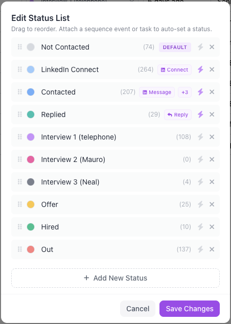 Edit Status List panel with draggable, customizable pipeline stages